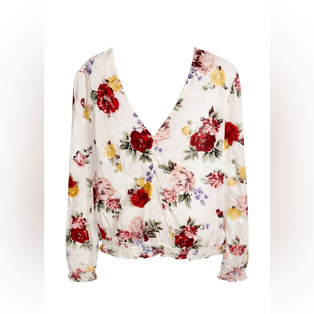 Candie's Floral Blouse XL  Long Sleeve V-Neck Boho Cream Top - Picture 2 of 3